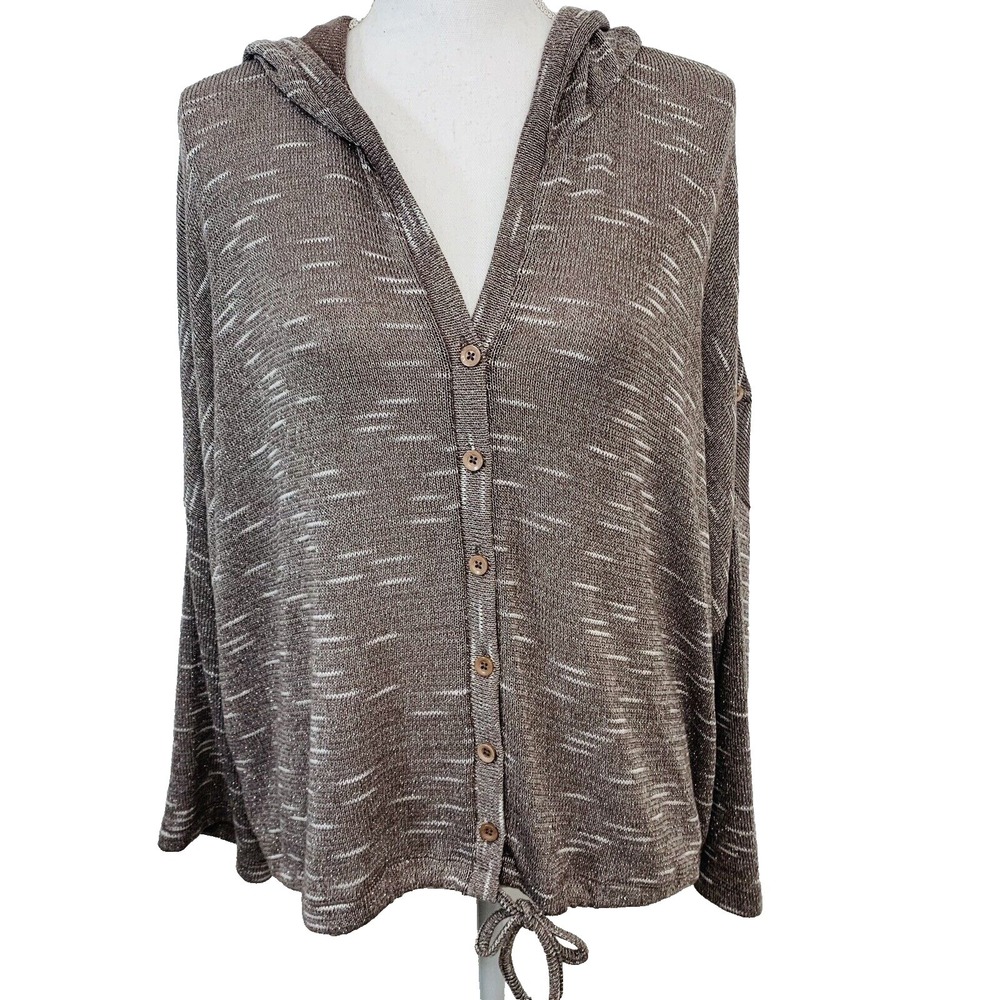 American Rag Brown Metallic Button Front Sweater Woman 1X Hood Lightweight NEW